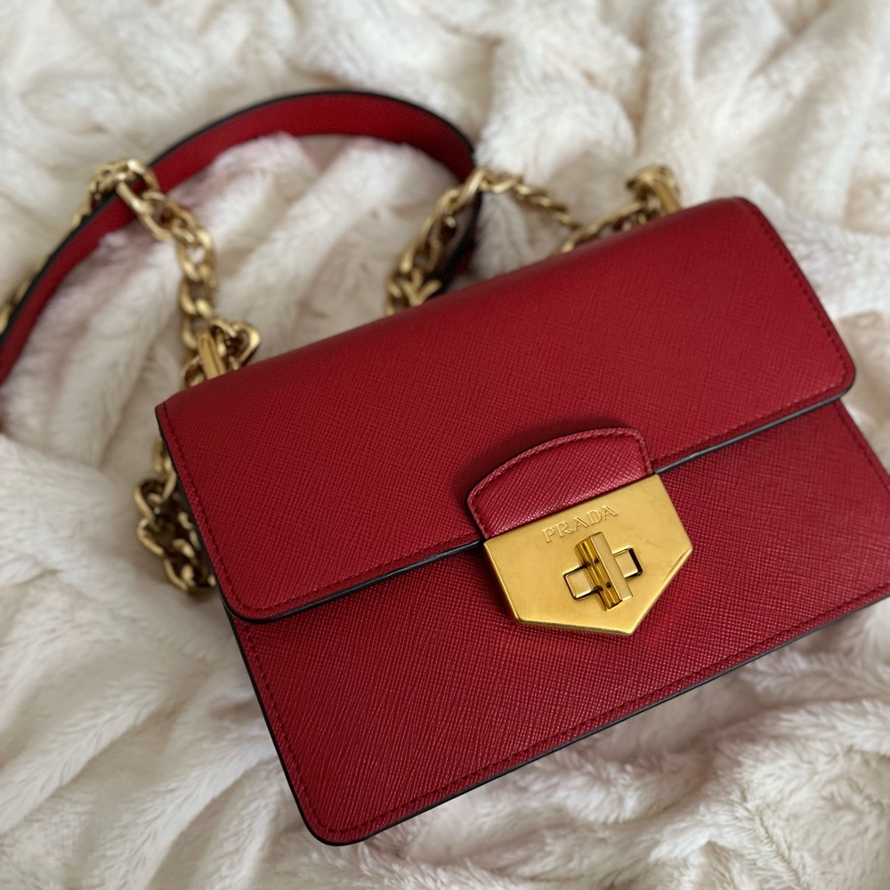 PRADA 1BD089 Pattina Red Saffiano Leather Gold Chain Shoulder Crossbody Bag